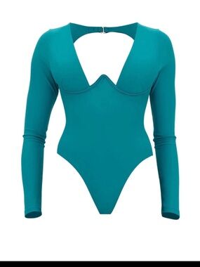 Teal Long-Sleeve V-Neck One-Piece Swimsuit Andrea Iyamah
